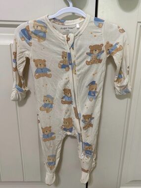Angel Dear Cream Footed Zip Pajamas with Blue & Tan Teddy Print
